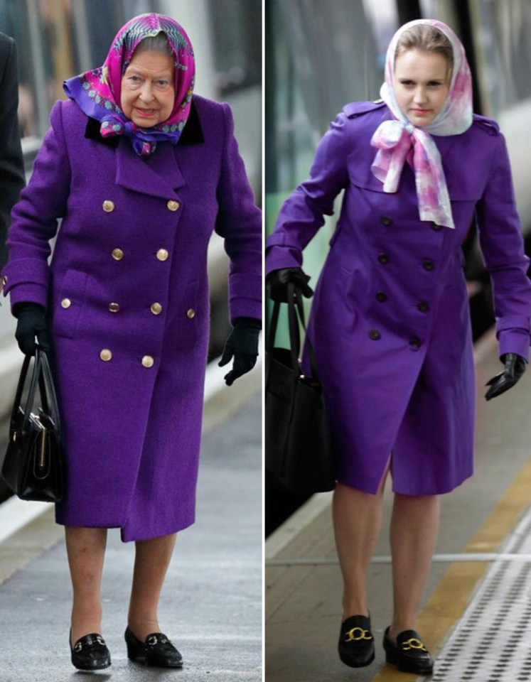 Purple reign was the order of the day as Lauren tried out the Queen’s iconic purple double-breasted coat and surprisingly wearable headscarf