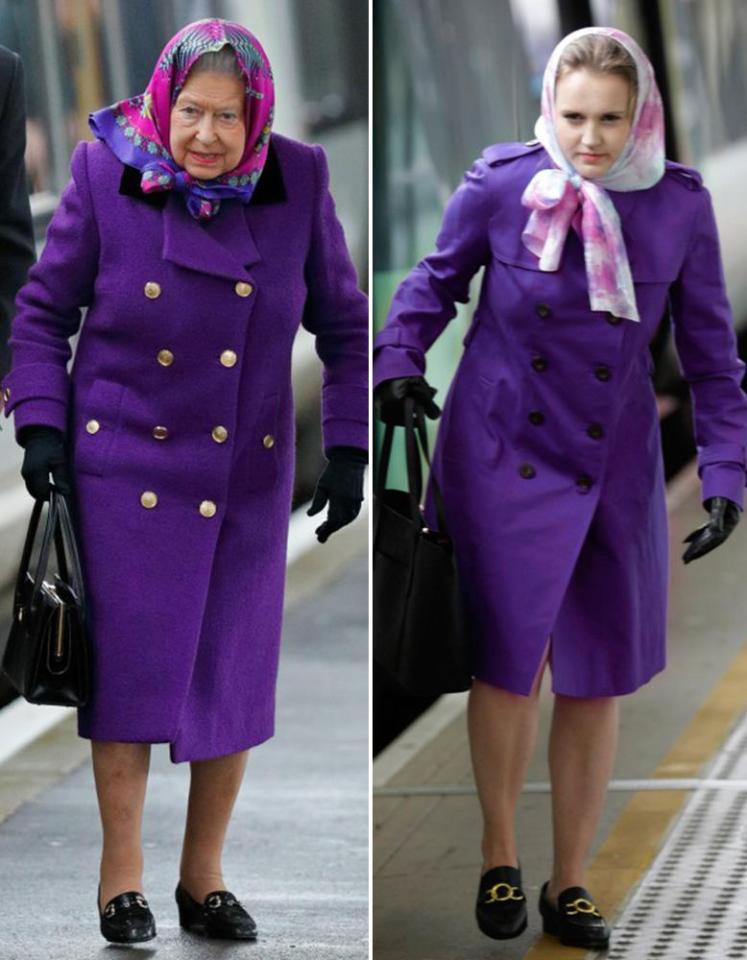  Purple reign was the order of the day as Lauren tried out the Queen's iconic purple double-breasted coat and surprisingly wearable headscarf