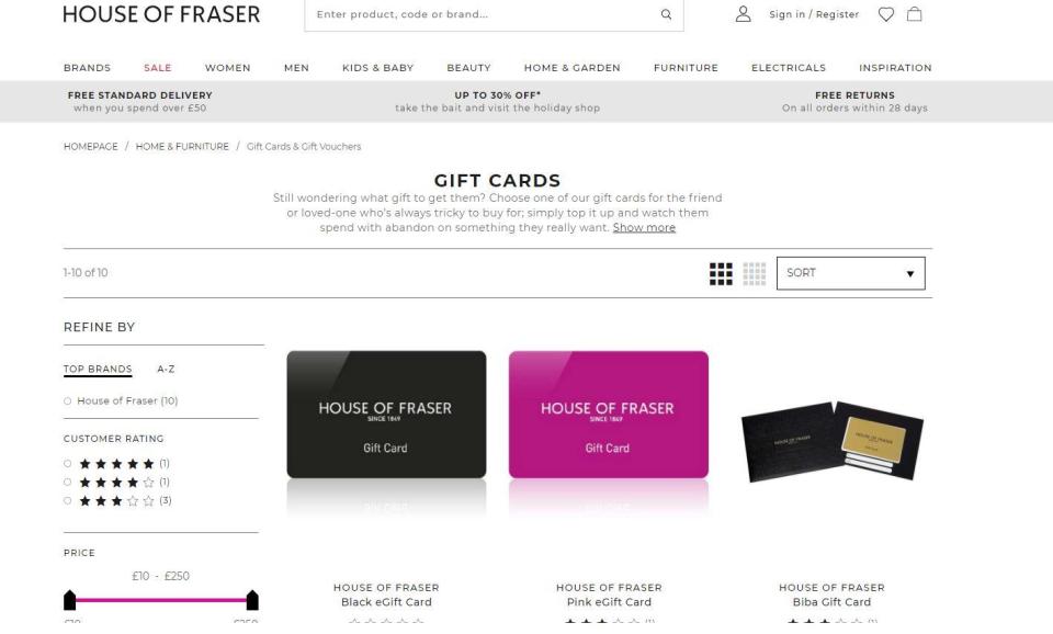  The 'useless' gift cards for sale on the House of Fraser website this morning