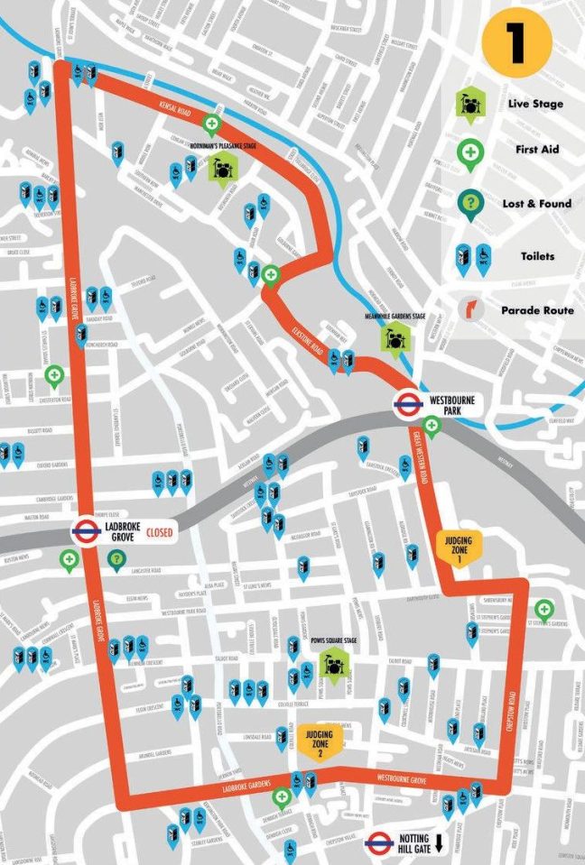  A Carnival route map showing the positions of the stages, toilets, first aid tents and lost & found areas