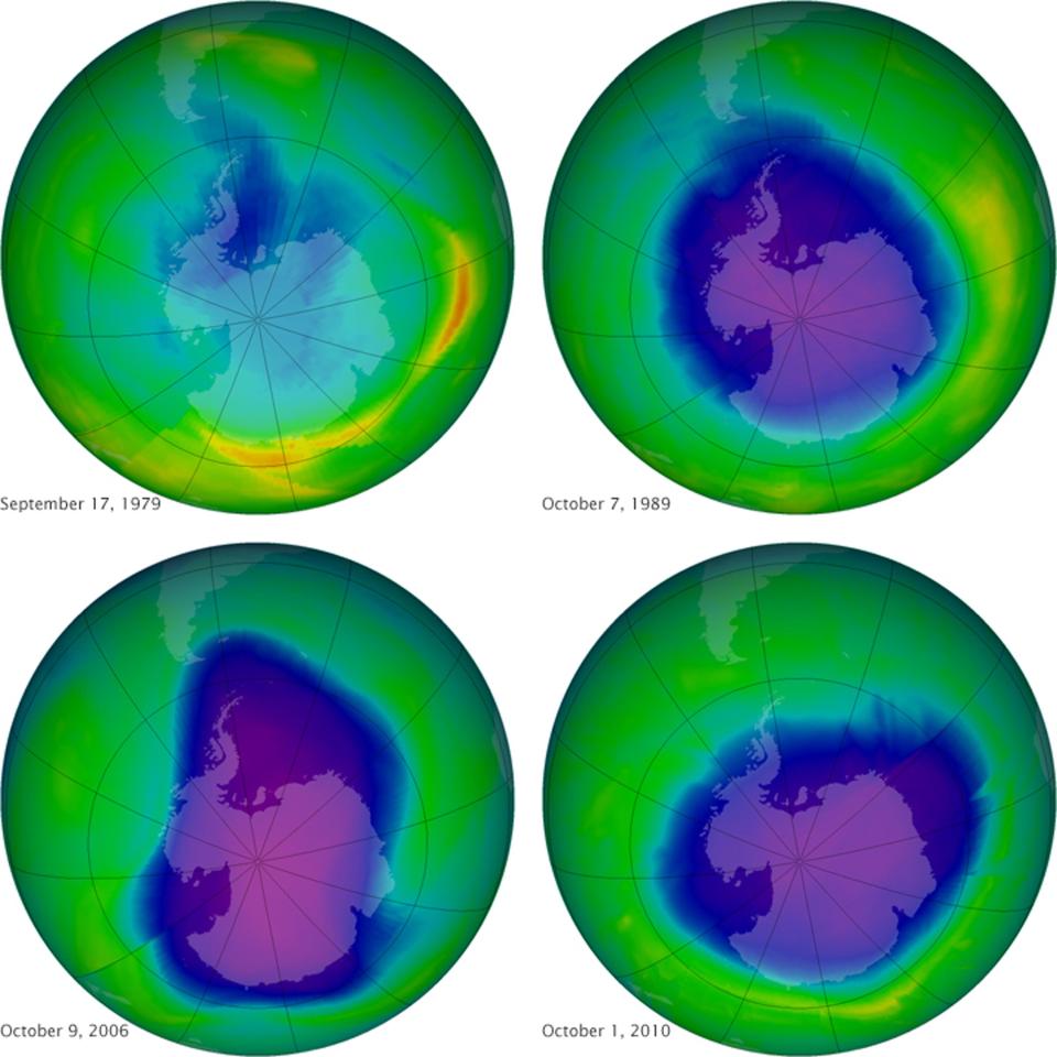  This image provided by NASA shows the ozone layer in 1979 top left, 1989 top right, 2006 lower left and 2010 lower right