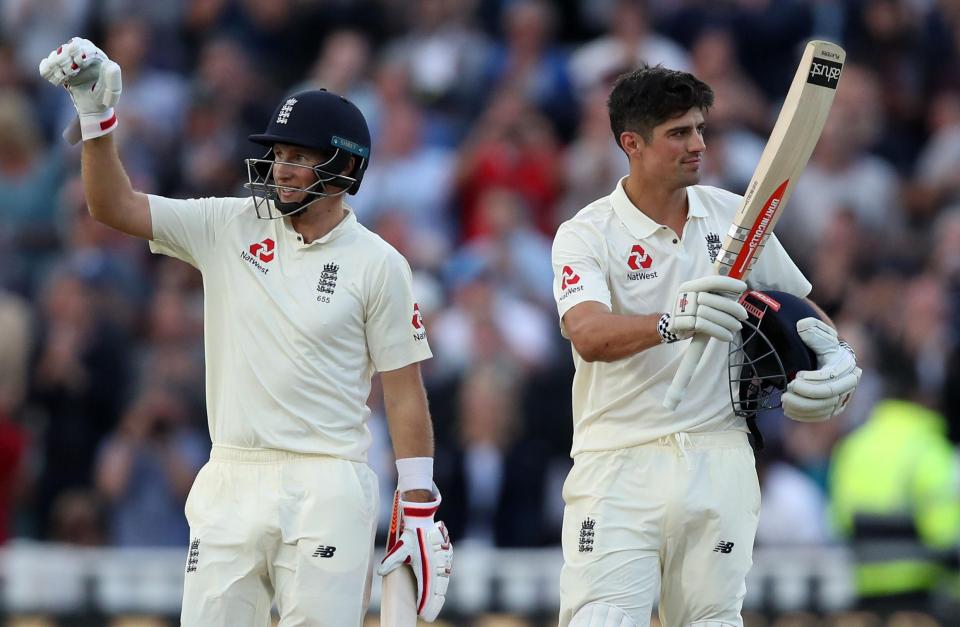  Cook celebrates with Root after reaching a century against the West Indies at Edgbaston last summer