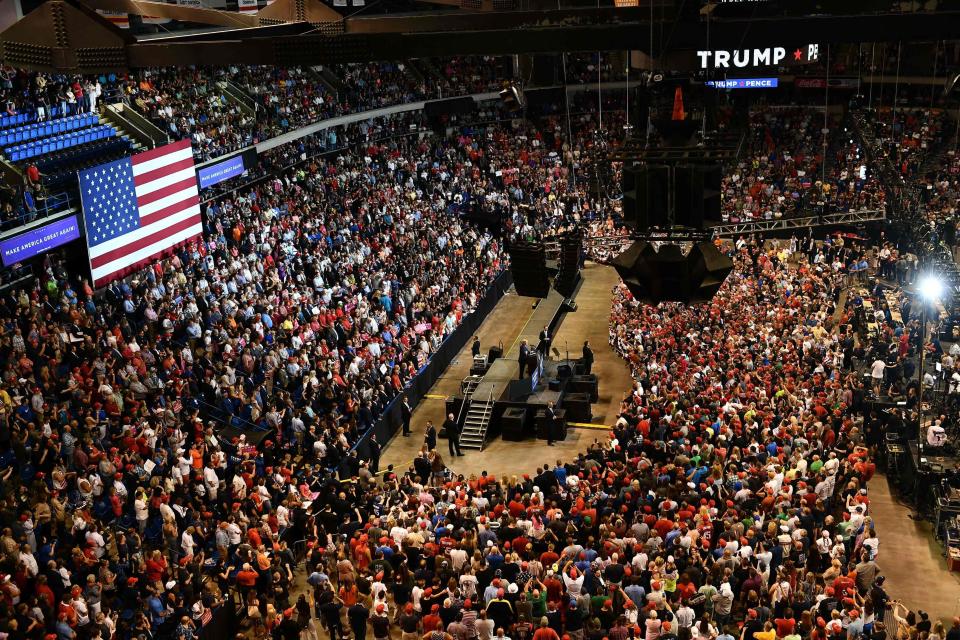  President Donald Trump speaks at a political rally at Mohegan Sun Arena in Wilkes-Barre, Pennsylvania