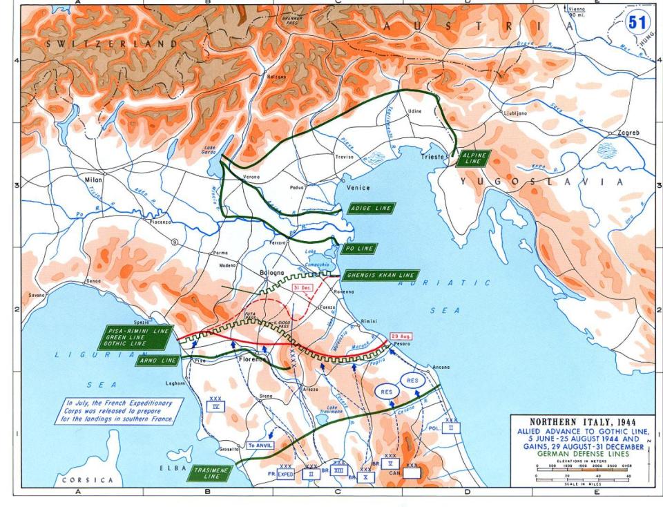  Northern Italy in 1944, occupied by the Germans. Lanza was shot down south east of Florence, 200 miles behind enemy lines