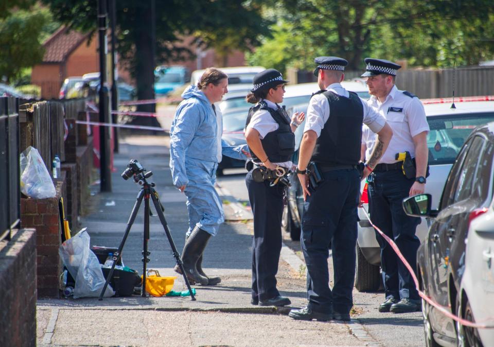 Police and forensic officers gather evidence at the scene of Joels death