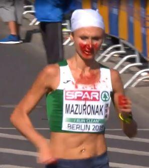  Volha Mazuronak suffered a nosebleed early on the women's marathon at the European Championships in Berlin