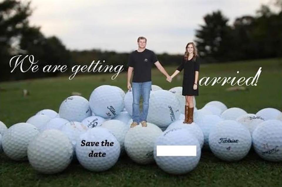  A newly engaged pair balance on a set of gold balls to send out their save the dates