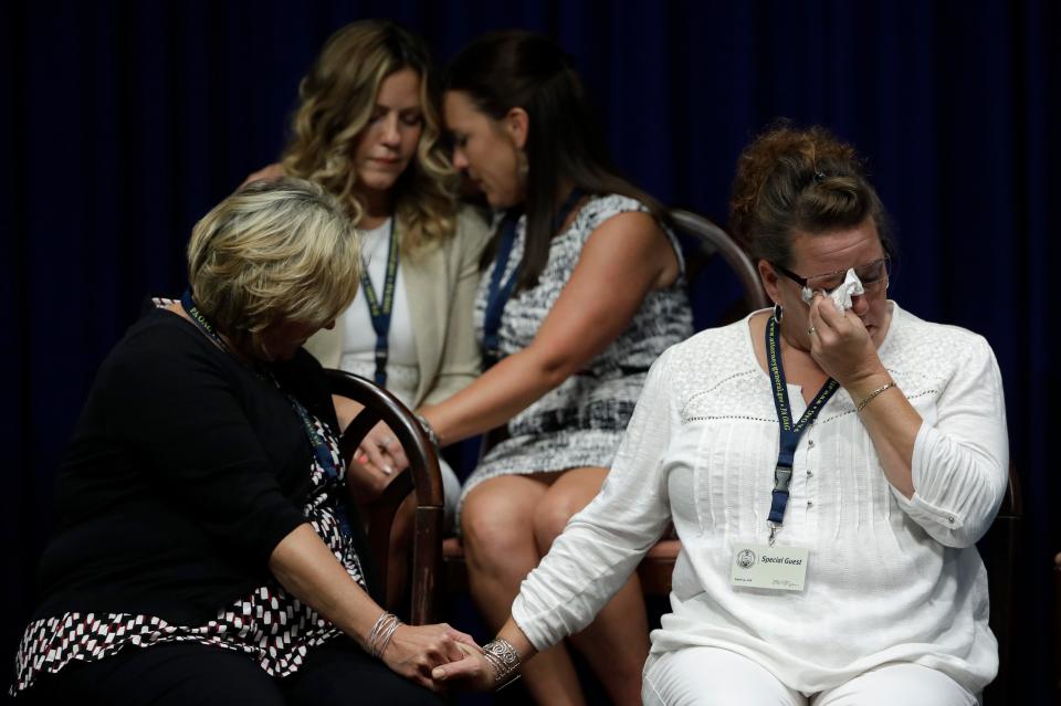  Victims and relatives of victims of clergy sexual abuse react during the news conference