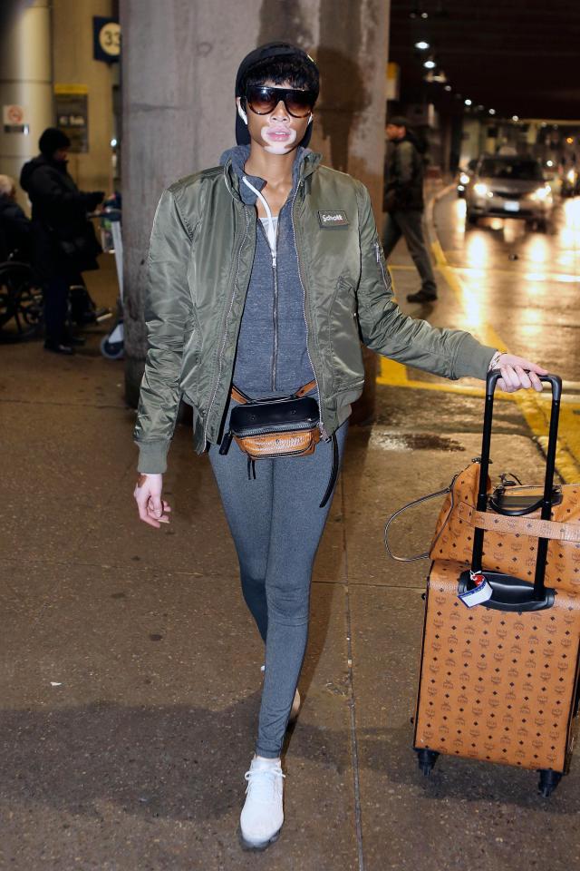  Model Winnie Harlow turned this Schott flight jacket into a go-to airport look and lifted the brand