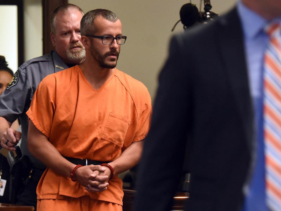  Christopher Watts is escorted into the courtroom at the Weld County Courthouse last month