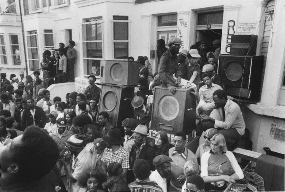  Crowds gather for Carnival Sound System. Photographer Armet Francis was fascinated by representations of the black Diaspora on a global scale, and returned to Jamaica in 1969 to start a cross-cultural project entitled The Black Triangle, photographing black communities in Britain, Africa, and the Caribbean