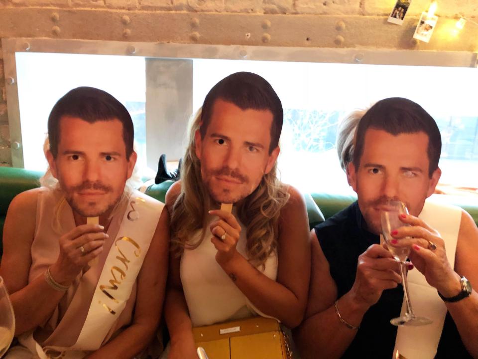 Her hen party wore masks of Rhian's fiance Oliver Mellor