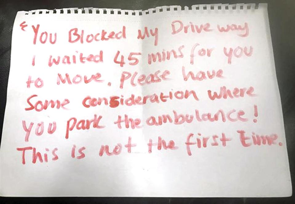 The handwritten note was left on the ambulance as crews worked to save someone's life