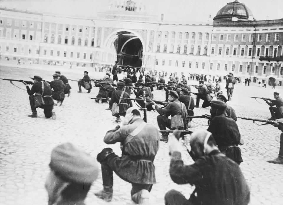  Soldiers during the Russian Revolution firing rifles in Palace Square