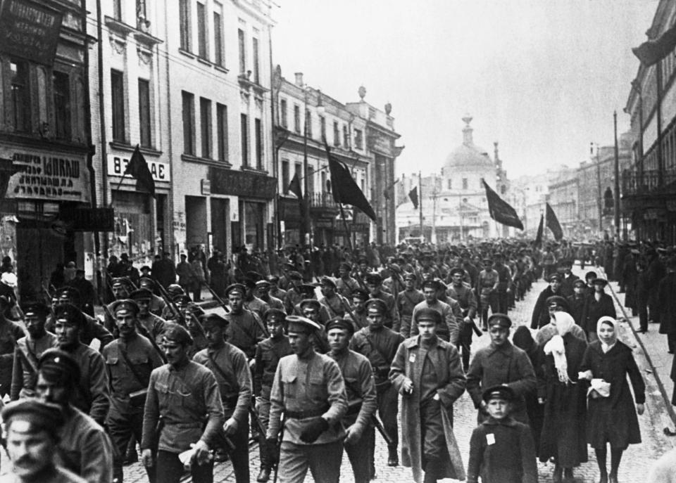  Bolshevik soldiers marching through the streets of Moscow in 1917