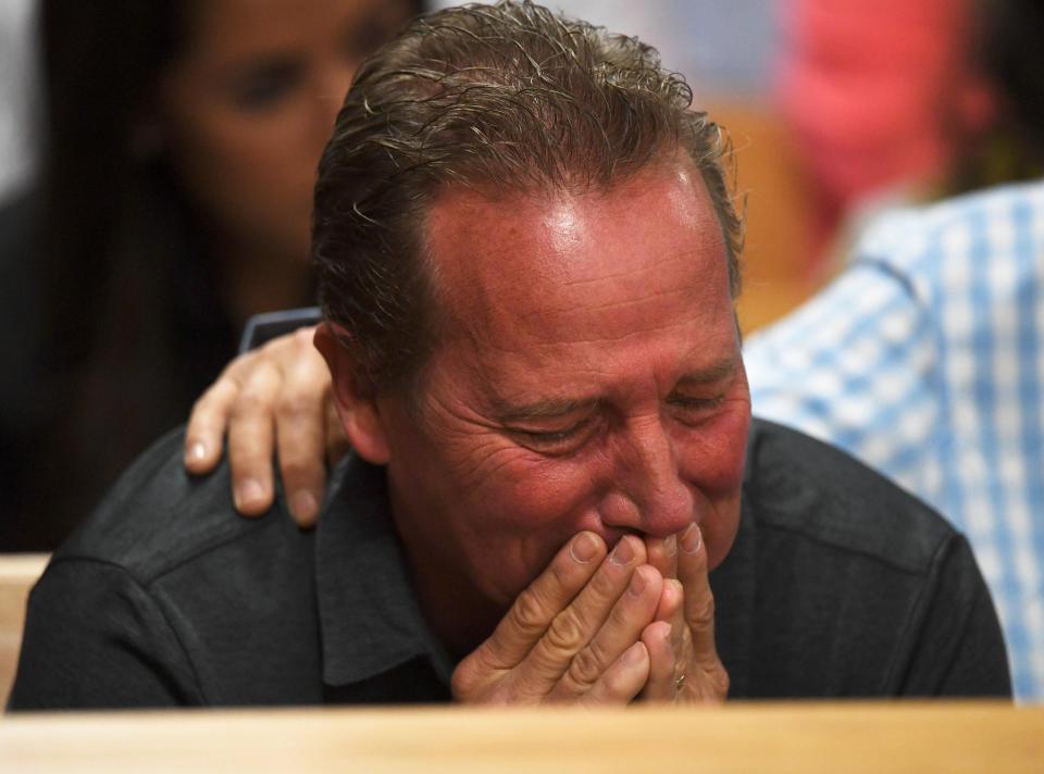  Frank Rzucek, the father of Shanann Watts, reacts during the arraignment hearing of Christopher Watts