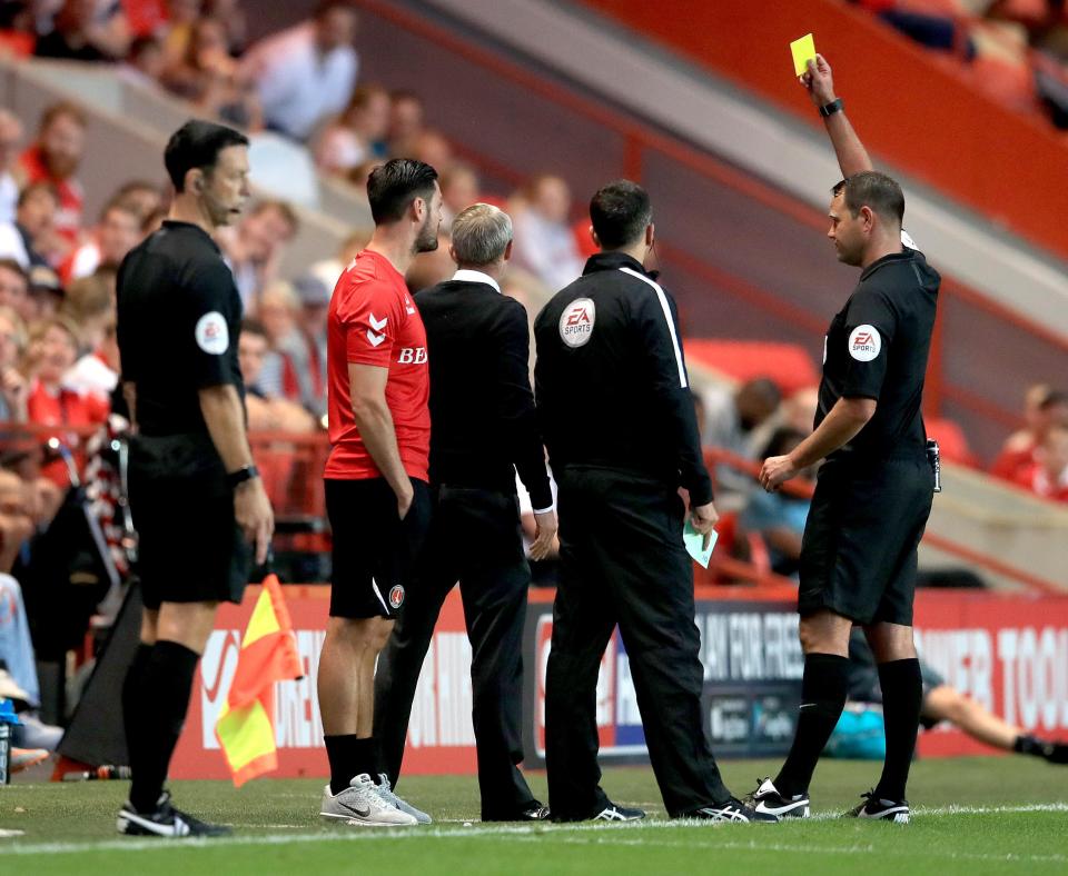  The Charlton caretaker boss received a yellow card for his actions