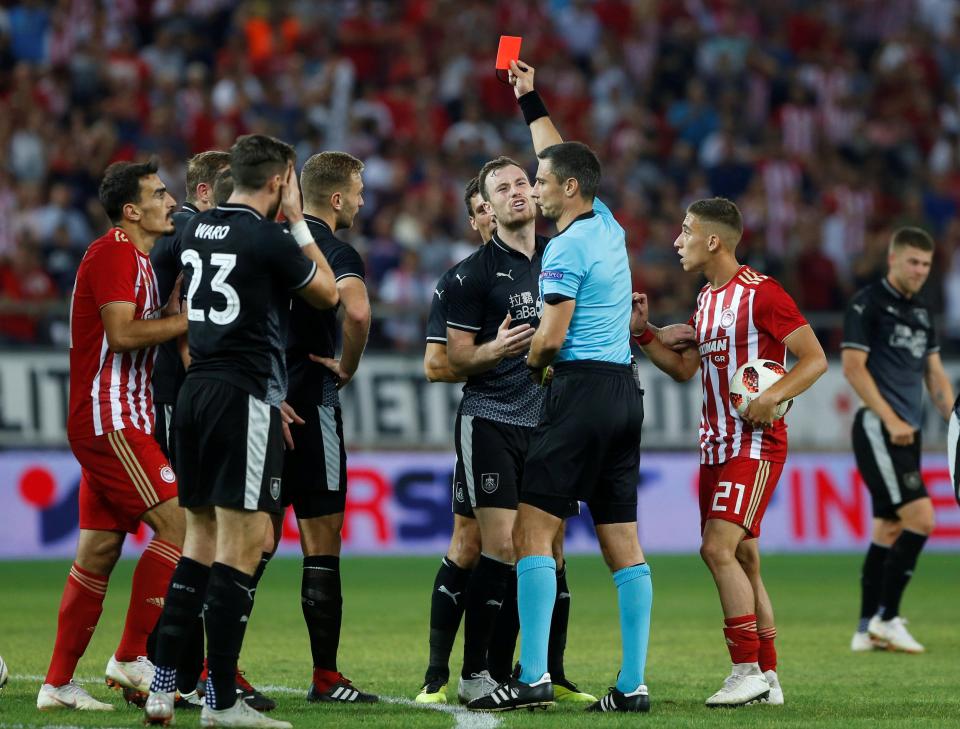 Ben Gibson was sent off as Burnley suffered a tragic night in Greece