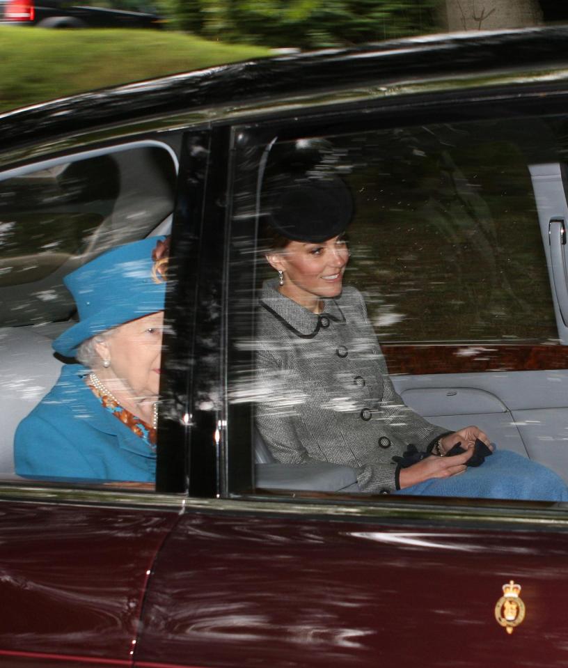  The Queen arrives at Crathie Church today with Kate Middleton