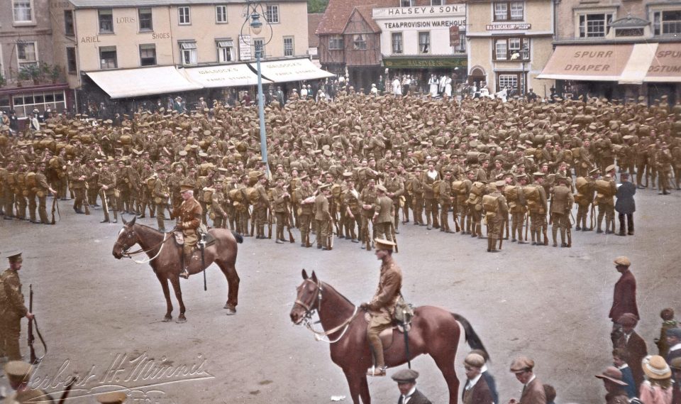  A battalion of the Warwickshire Regiment parading in Hitchin market square on the way to war in August 1914