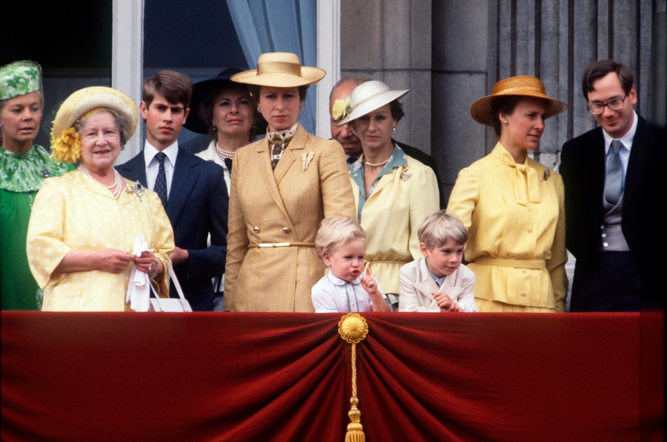  (l To R) Duchess Of Kent, The Queen Mother, Prince Edward, Princess Anne, Princess Alexandra, Duchess Of Gloucester and the Duke Of Gloucester watching the Trooping of the Colour