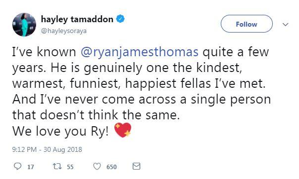  Hayley Tamaddon said Ryan was one of the nicest people she has ever met