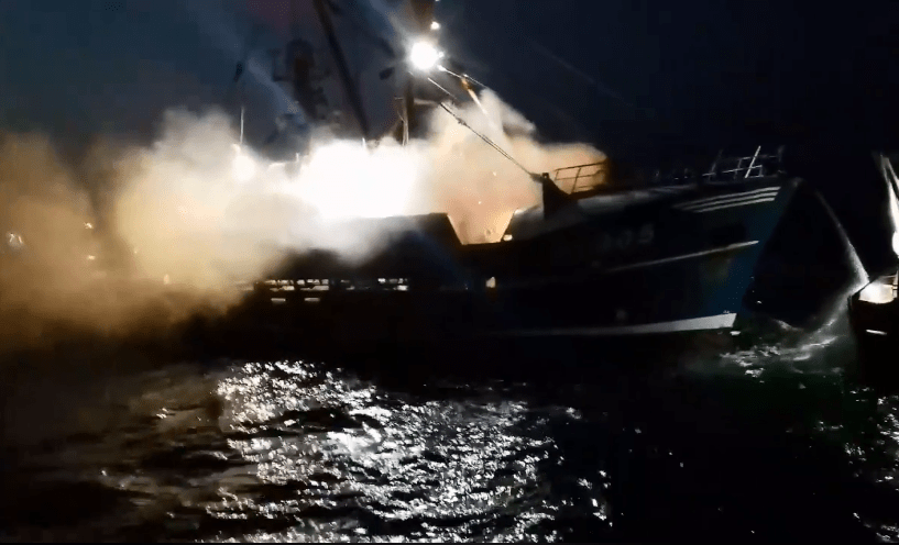 Shocking footage showed the moment a British fishing vessel went up in flames during a previous incident