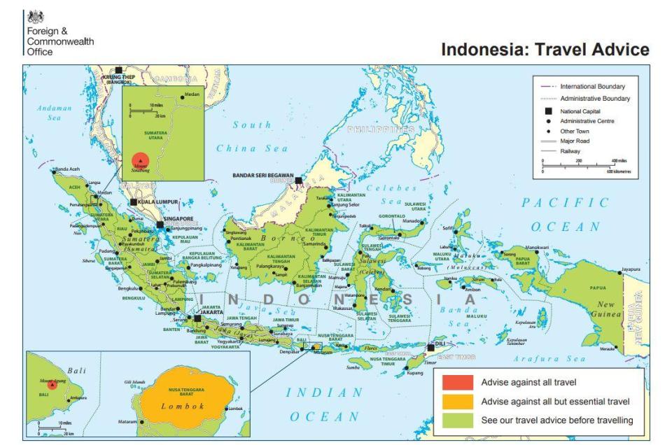  The Foreign & Commonwealth Office is advising against all but essential travel in the Lombok region of Indonesia - and has volcanic red-zones in place