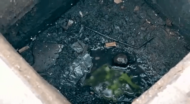  The inside of a filthy drain where the drink ingredients were being stored before being removed by cops