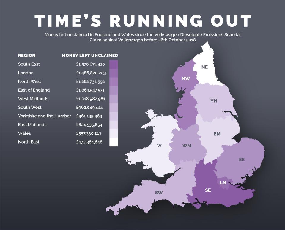 This map, provided by Your Lawyers, allegedly shows how much money could be due to Brits who have not yet registered a claim, should VW lose the case