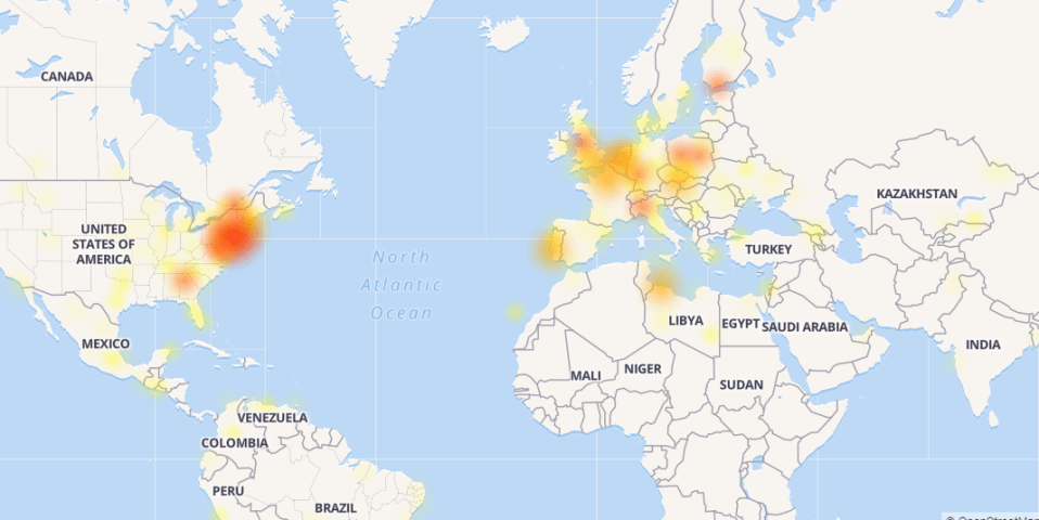  In this screengrab from Downdetector, the outage appears to have affected spots across North America, Europe, and northern Africa