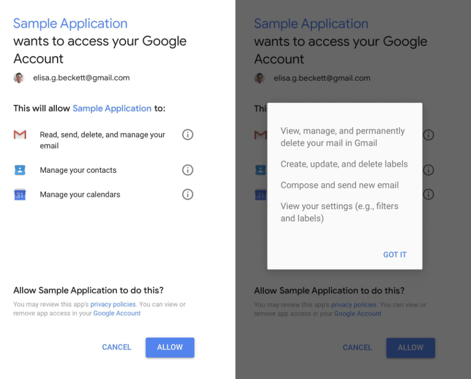  When you sign up to a Google app, you may see a pop-up like this – which gives permission for companies to read, send, delete and manage your emails