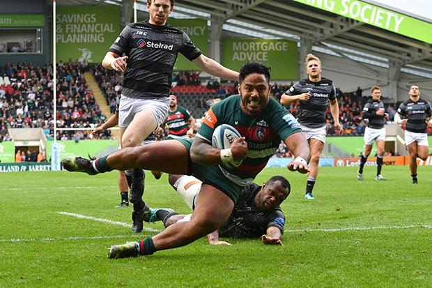  Fit-again Manu Tuilagi touches down for Leicester Tigers after blitzing half the pitch and running over two Newcastle Falcons players this month