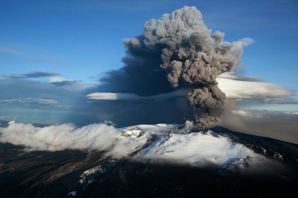 Ash plume from Iceland's Eyjafjallajokull crater during it's eruption, spewing tephra and ashes that drift toward continental Europe on May 15, 2010