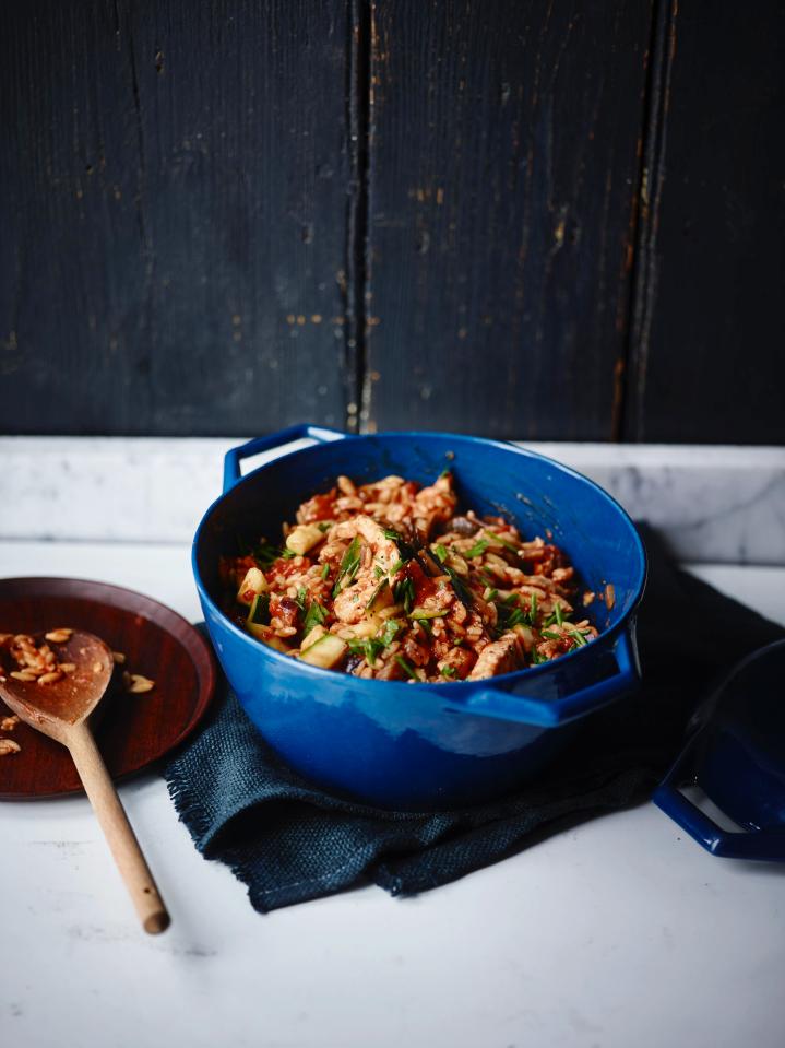  Joe's Chicken & Orzo rat-a-tat-bake is packed with courgette, aubergine and red onion