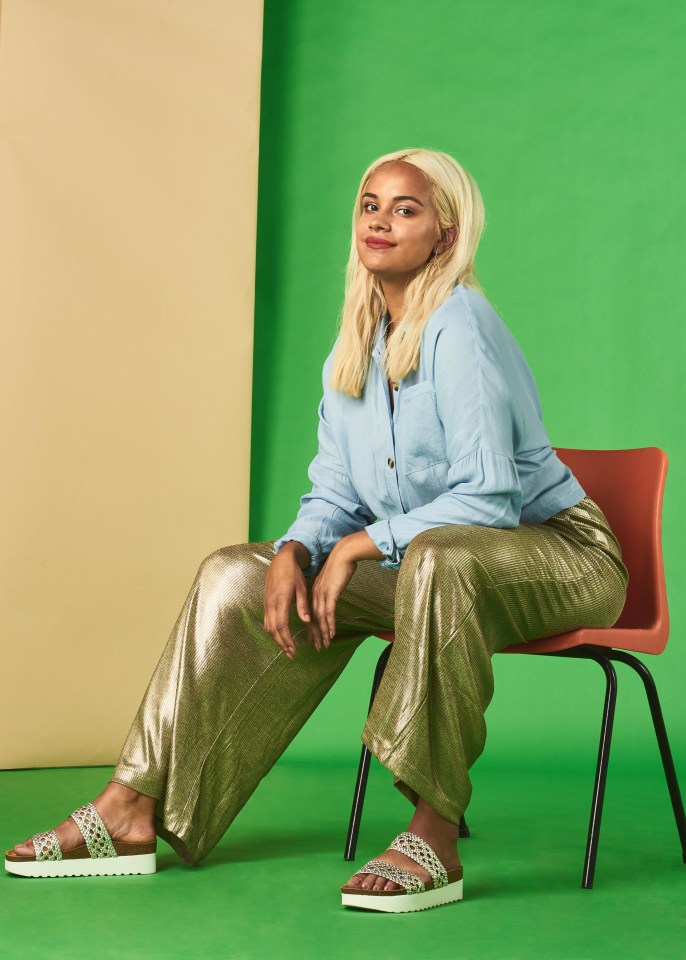 Don’t be afraid of ­shimmery trousers – pair with a simple shirt to dress it down