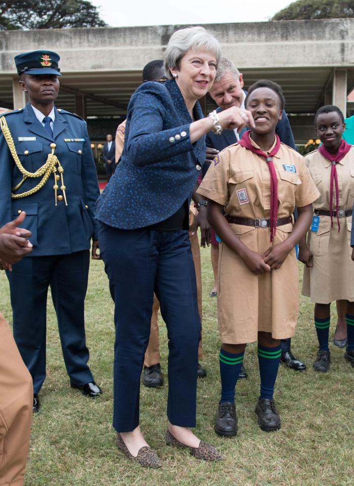  Prime Minister Theresa May in breaks into dance whilst meeting with scouts at the United Nations offices in Nairobi