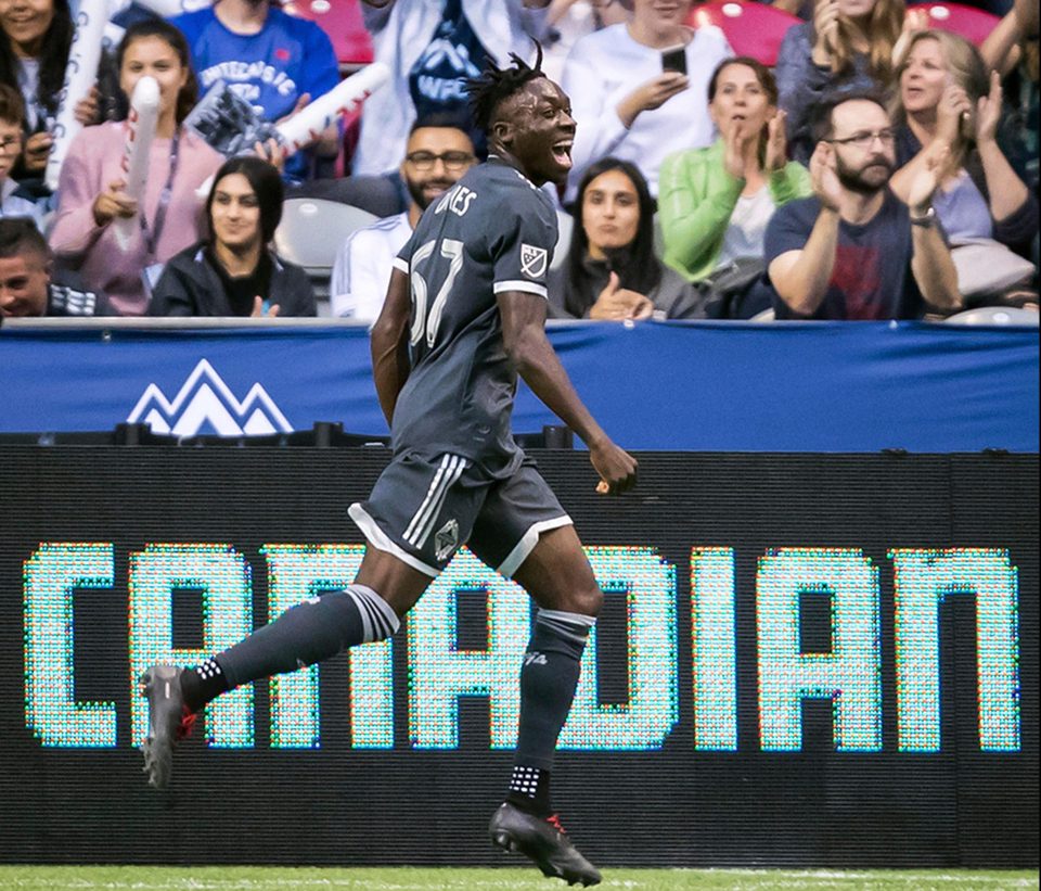  Alphonso Davies celebrates scoring against the San Jose Earthquakes