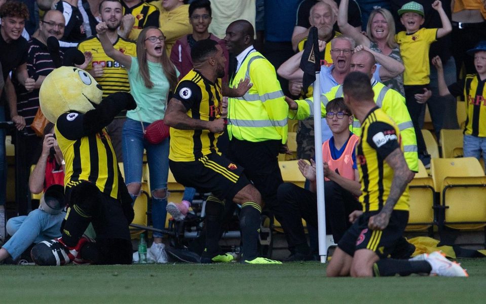  Troy Deeney celebrates after scoring the equaliser for Watford