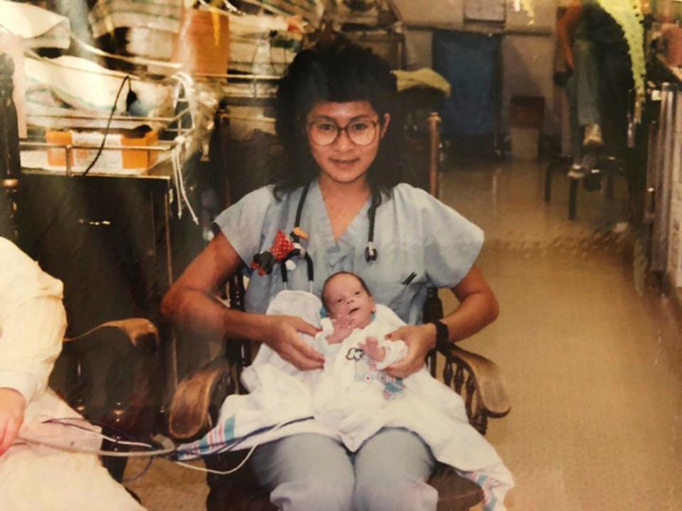  Vilma pictured with Brandon as a baby at the hospital 30 years ago