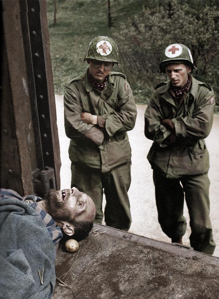  Bearing witness... Members of the 42nd Rainbow Division, 7th US Army uncover a wagon transporting some of the horrors of Dachau