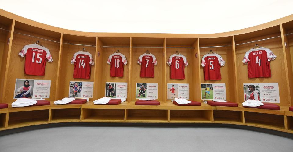  Arsenal shirts hang in the home changing room before the match.