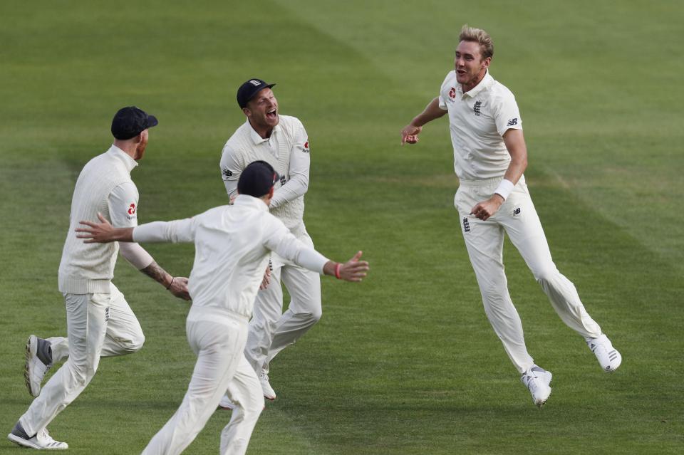  Stuart Broad celebrates the wicket of India captain Virat Kohli for a duck, playing one well outside of leg stump