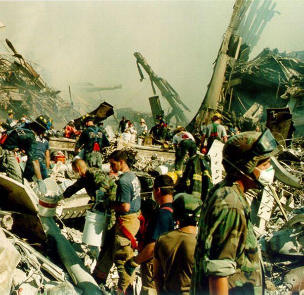 Rescue workers at Ground Zero following the 9/11 attack