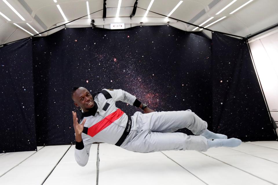 Usain Bolt shows it is worth the weightlessness as he enjoys his time in zero gravity 