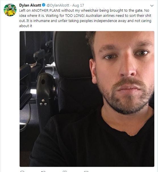 Passenger Dylan Alcott tweeted about a similar incident that happened to him