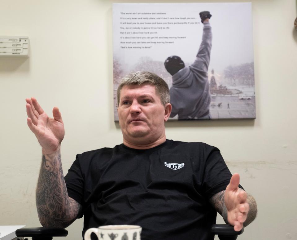  Hatton talking mental health in the office of his gym in Hyde