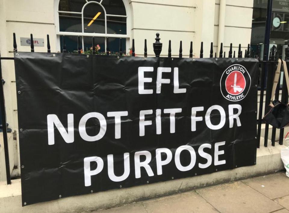  Charlton fans displayed a banner as they protested against the EFL on Friday