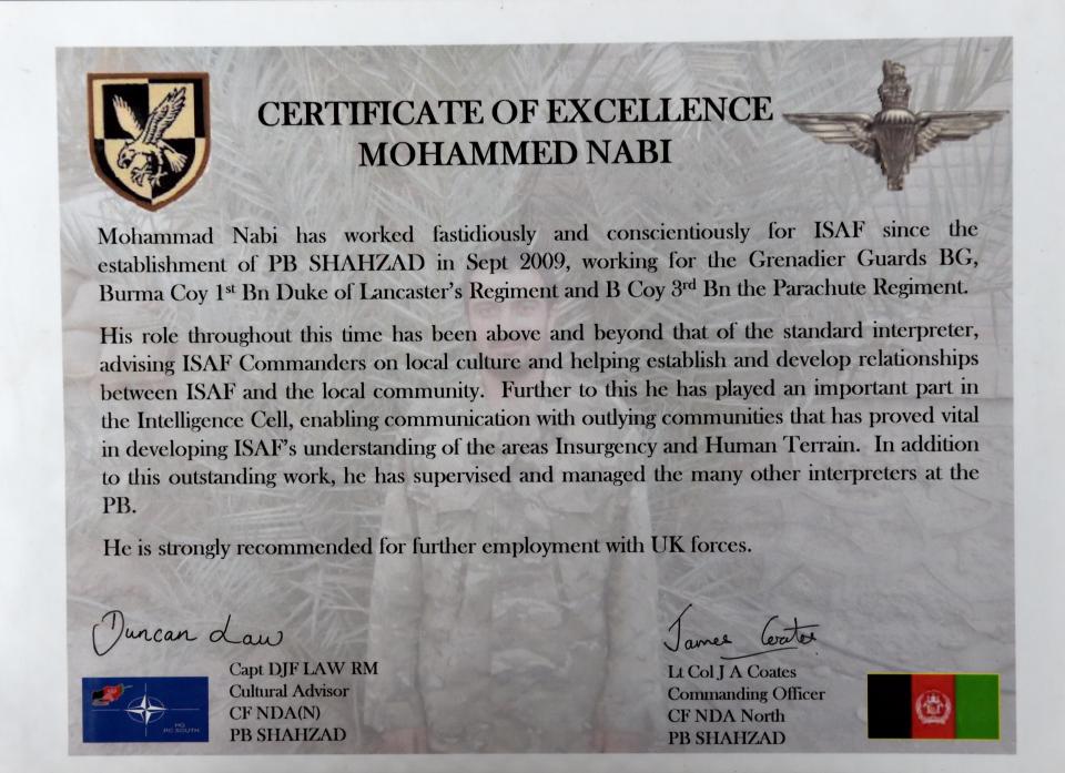  Nabi was awarded a Certificate of Excellence for his work with the International Security Assistance Force (ISAF)