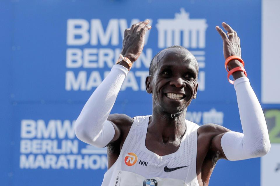 Eliud Kipchoge can hardly believe it after he breaks the world record after crossing the line in Berlin